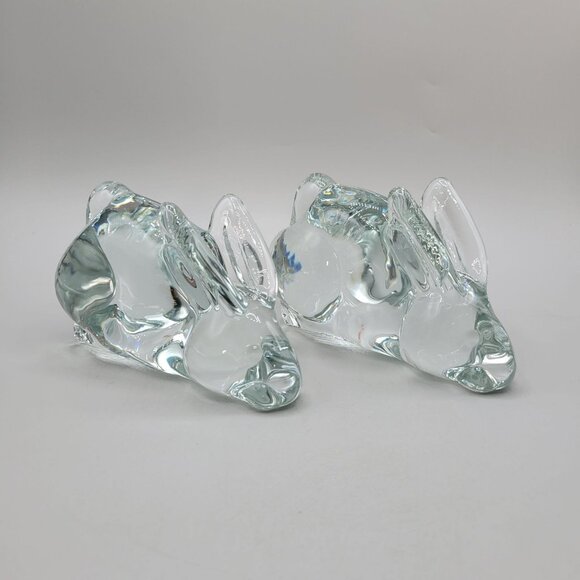 Vintage Heavy Clear Glass Rabbit Figurines Paperweights Bookends Set of 2 - Picture 6 of 8